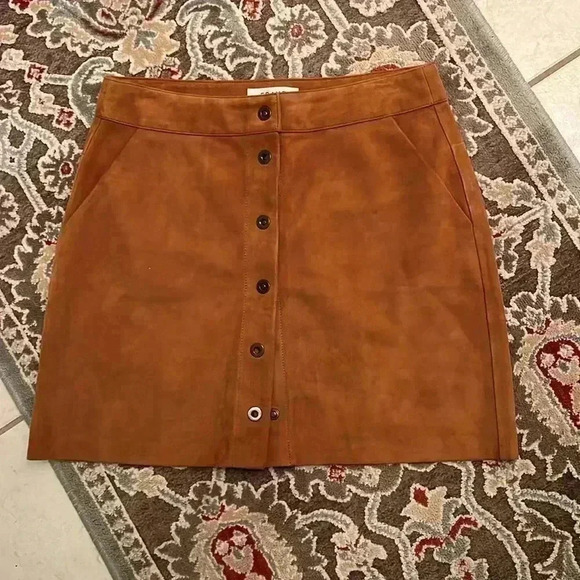 Frame Goat Leather Suede Mini Skirt Camel Snap sz 28 caramel O style LWLT0246 - Picture 2 of 10